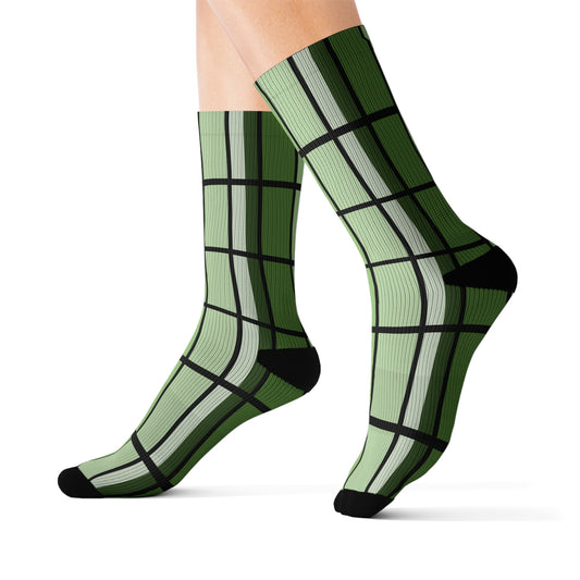 Green Plaid Ribbed Crew Socks